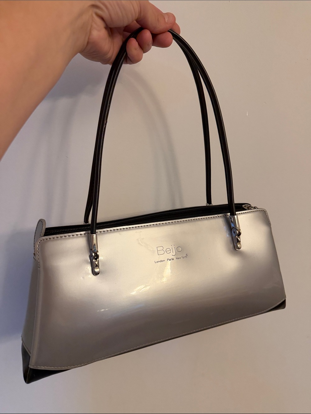 Beijo Uptown Silver Shoulder Bag with Black Handles